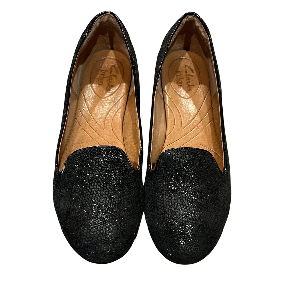 Clarks Indigo Black Patterned Leather Slip-on Loafers Flats w Sparkle Size 8